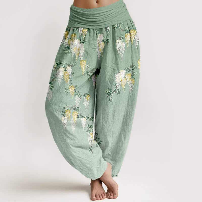 Buddha Stones Pantaloni harem da donna in puro cotone bianco con motivo a grappolo di fiori gialli e elastico in vita - Verde chiaro - US16, UK/AU20, EU48 (3XL) - image 0
