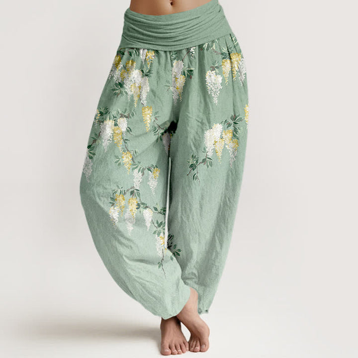 Buddha Stones Pantaloni harem da donna in puro cotone bianco con motivo a grappolo di fiori gialli e elastico in vita - Verde chiaro - US16, UK/AU20, EU48 (3XL) - image 0
