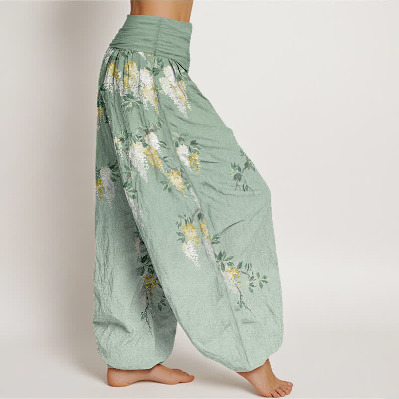 Buddha Stones Pantaloni harem da donna in puro cotone bianco con motivo a grappolo di fiori gialli e elastico in vita - image 2