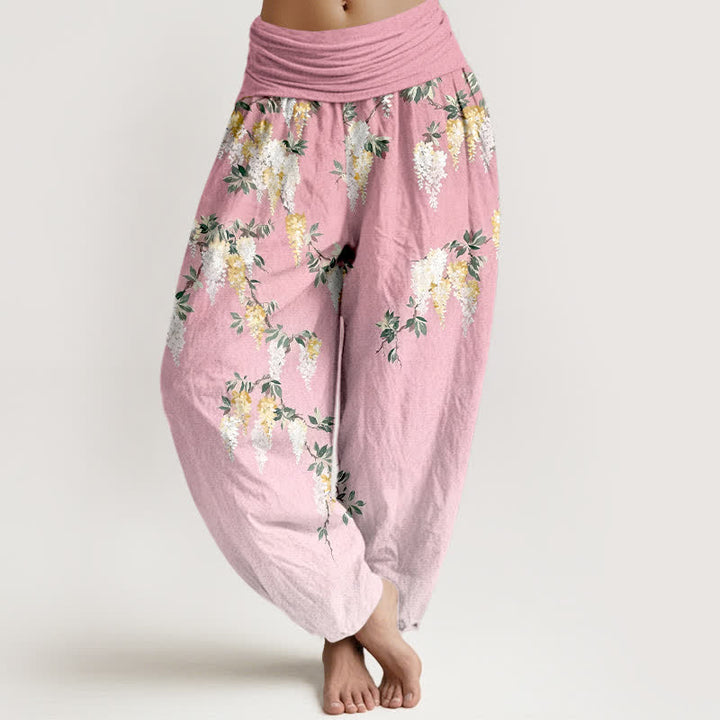 Buddha Stones Pantaloni harem da donna in puro cotone bianco con motivo a grappolo di fiori gialli e elastico in vita - Rosa chiaro - US16, UK/AU20, EU48 (3XL) - image 5
