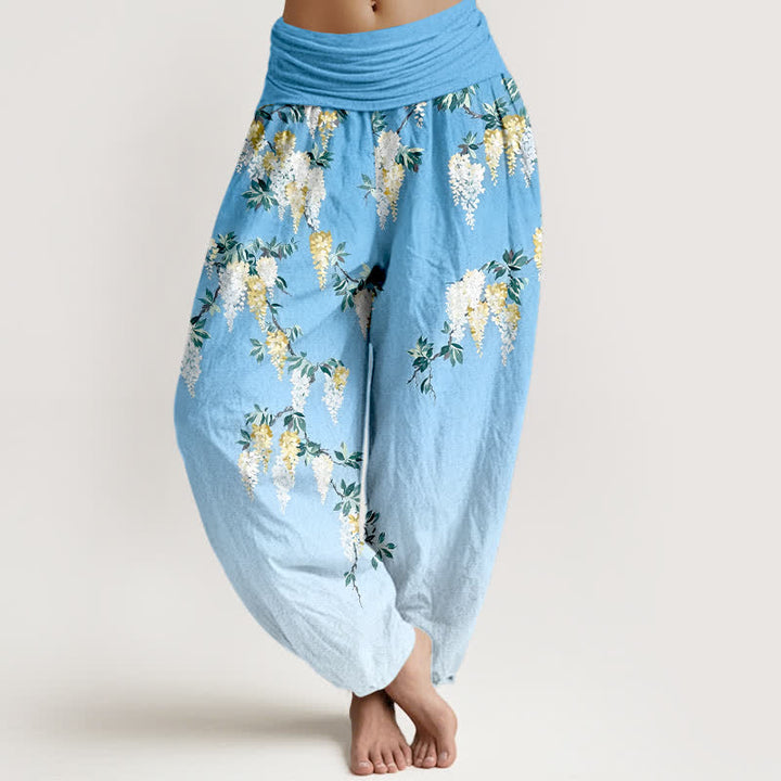 Buddha Stones Pantaloni harem da donna in puro cotone bianco con motivo a grappolo di fiori gialli e elastico in vita - Azzurro chiaro - US16, UK/AU20, EU48 (3XL) - image 8