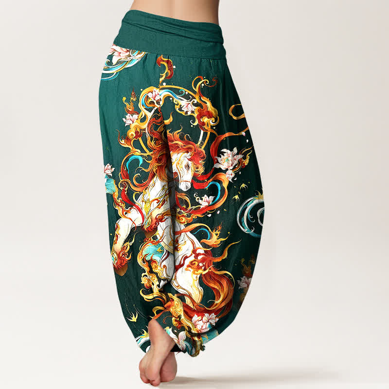 Buddha Stones Pantaloni harem da donna in puro cotone con motivo a fiamme della fenice mitologica e vita elasticizzata. - image 1