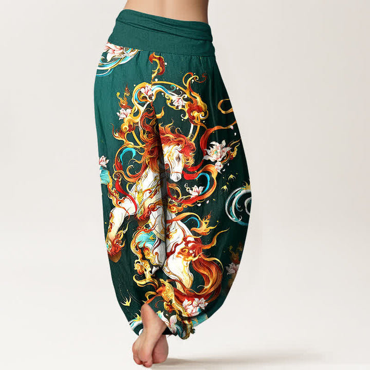 Buddha Stones Pantaloni harem da donna in puro cotone con motivo a fiamme della fenice mitologica e vita elasticizzata. - image 1