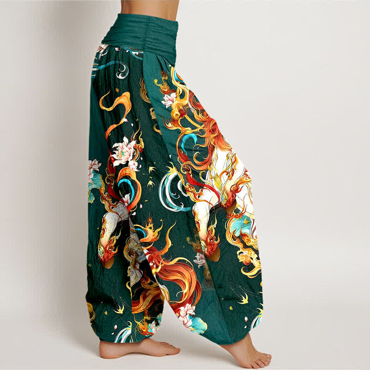 Buddha Stones Pantaloni harem da donna in puro cotone con motivo a fiamme della fenice mitologica e vita elasticizzata. - image 2