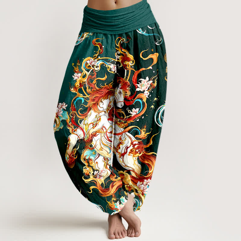 Buddha Stones Pantaloni harem da donna in puro cotone con motivo a fiamme della fenice mitologica e vita elasticizzata. - Verde studentesco - US16, UK/AU20, EU48 (3XL) - image 0