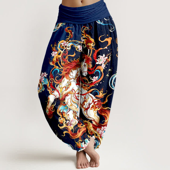 Buddha Stones Pantaloni harem da donna in puro cotone con motivo a fiamme della fenice mitologica e vita elasticizzata. - Marina - US16, UK/AU20, EU48 (3XL) - image 5