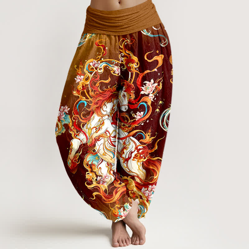 Buddha Stones Pantaloni harem da donna in puro cotone con motivo a fiamme della fenice mitologica e vita elasticizzata. - Marrone - US16, UK/AU20, EU48 (3XL) - image 8
