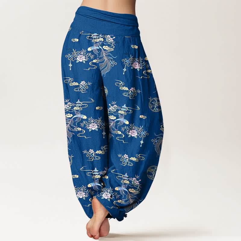 Buddha Stones Pantaloni harem da donna in puro cotone con motivo floreale "Nuvola Orientale" e vita elasticizzata. - image 1
