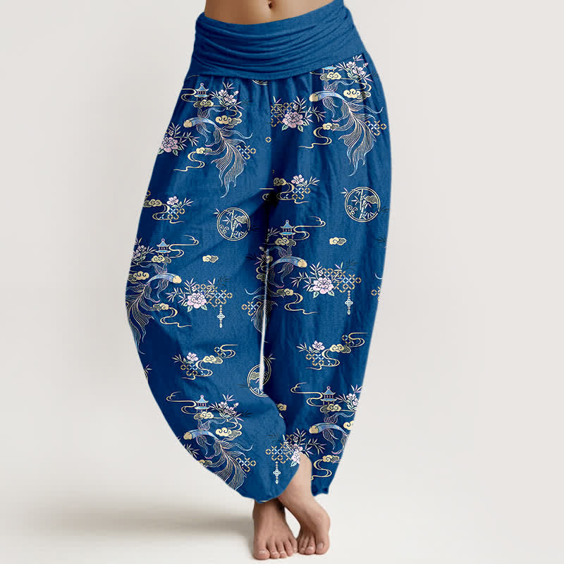 Buddha Stones Pantaloni harem da donna in puro cotone con motivo floreale "Nuvola Orientale" e vita elasticizzata. - Blu reale - US16, UK/AU20, EU48 (3XL) - image 0