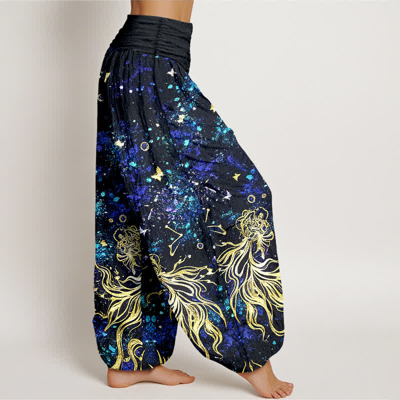 Buddha Stones Pantaloni harem da donna in puro cotone con motivo galattico a farfalle e elastico in vita. - image 2