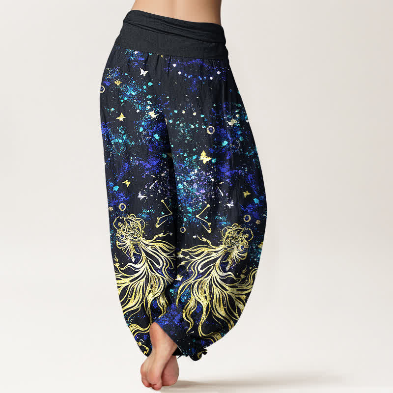 Buddha Stones Pantaloni harem da donna in puro cotone con motivo galattico a farfalle e elastico in vita. - image 1