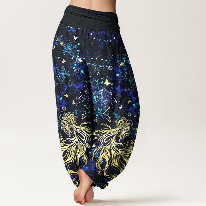 Buddha Stones Pantaloni harem da donna in puro cotone con motivo galattico a farfalle e elastico in vita. - image 1