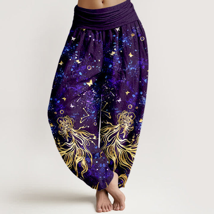 Buddha Stones Pantaloni harem da donna in puro cotone con motivo galattico a farfalle e elastico in vita. - Viola scuro - US16, UK/AU20, EU48 (3XL) - image 8
