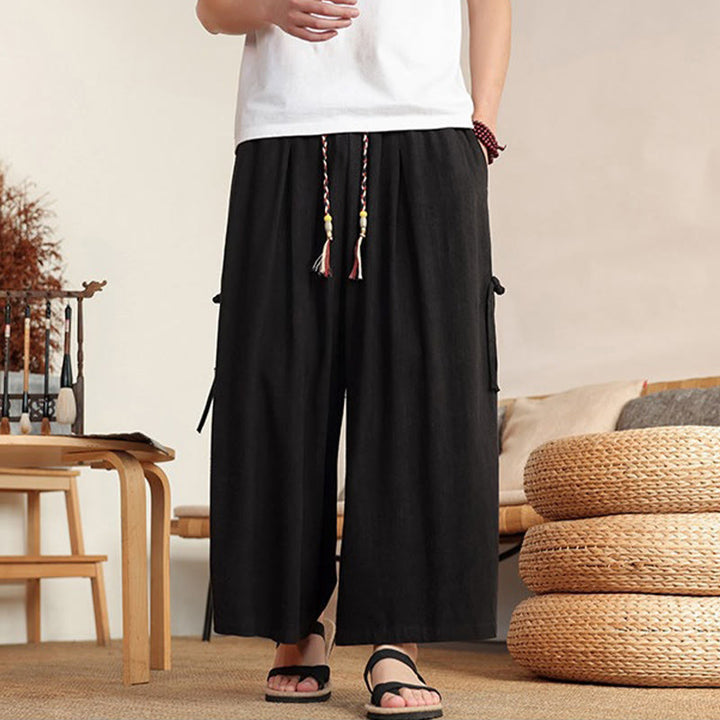 Buddha Stones Pantaloni estivi da uomo a gamba larga con elastico in vita e tasche. - image 15