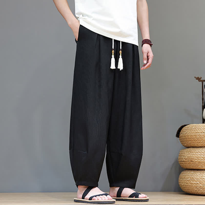 Buddha Stones Pantaloni harem da uomo estivi in ​​tinta unita con coulisse e vita elasticizzata, con tasche. - image 20