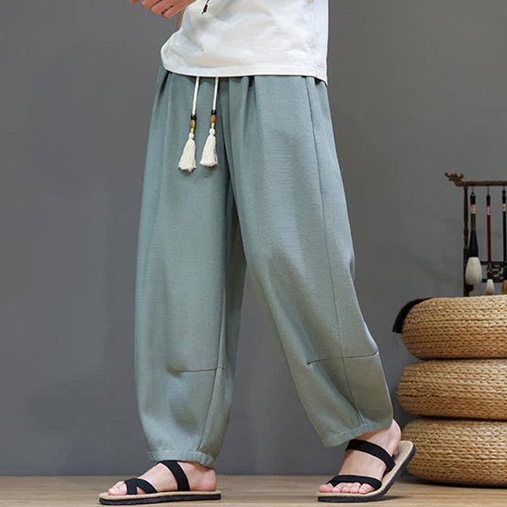 Buddha Stones Pantaloni harem da uomo estivi in ​​tinta unita con coulisse e vita elasticizzata, con tasche. - image 1