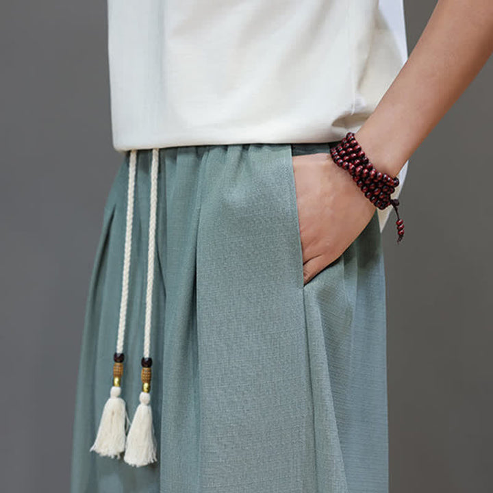 Buddha Stones Pantaloni harem da uomo estivi in ​​tinta unita con coulisse e vita elasticizzata, con tasche. - image 8