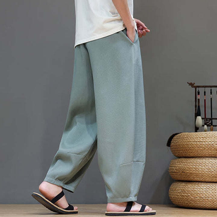 Buddha Stones Pantaloni harem da uomo estivi in ​​tinta unita con coulisse e vita elasticizzata, con tasche. - image 4