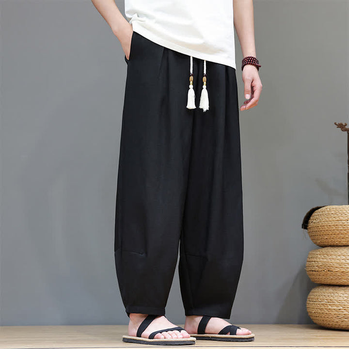 Buddha Stones Pantaloni harem da uomo estivi in ​​tinta unita con coulisse e vita elasticizzata, con tasche. - Nero - US/UK/AU46, EU56 (5XL) - image 23