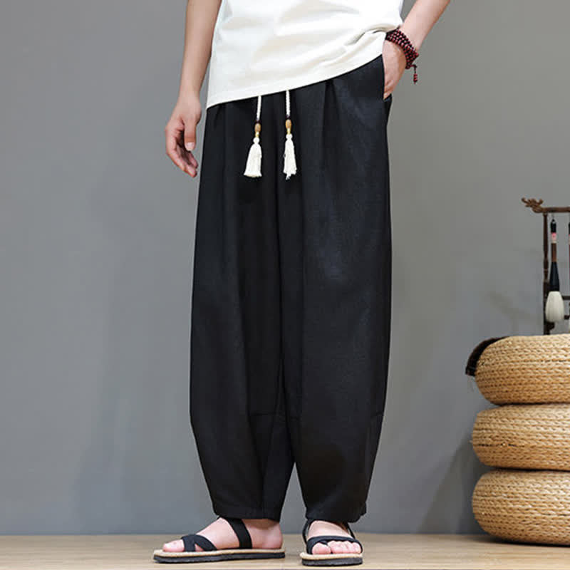 Buddha Stones Pantaloni harem da uomo estivi in ​​tinta unita con coulisse e vita elasticizzata, con tasche. - image 26
