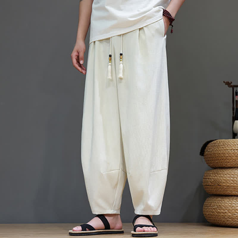 Buddha Stones Pantaloni harem da uomo estivi in ​​tinta unita con coulisse e vita elasticizzata, con tasche. - image 14