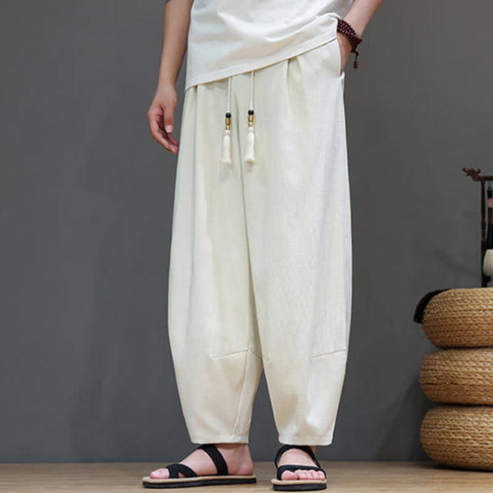Buddha Stones Pantaloni harem da uomo estivi in ​​tinta unita con coulisse e vita elasticizzata, con tasche. - image 14