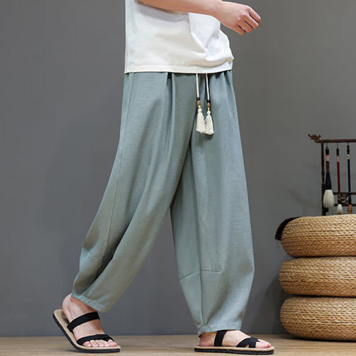 Buddha Stones Pantaloni harem da uomo estivi in ​​tinta unita con coulisse e vita elasticizzata, con tasche. - image 3