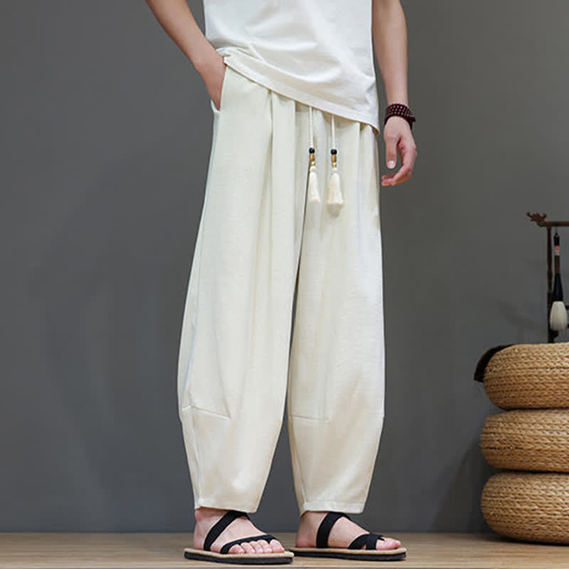 Buddha Stones Pantaloni harem da uomo estivi in ​​tinta unita con coulisse e vita elasticizzata, con tasche. - image 13