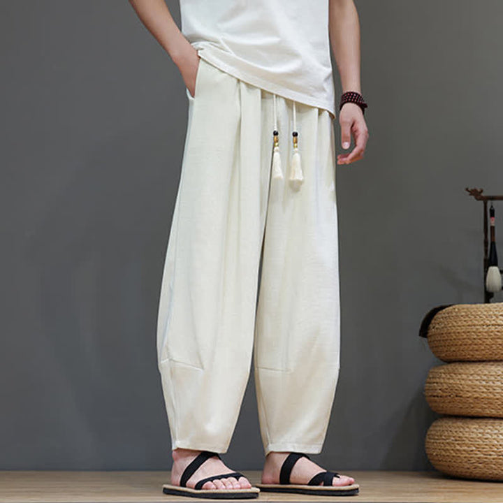 Buddha Stones Pantaloni harem da uomo estivi in ​​tinta unita con coulisse e vita elasticizzata, con tasche. - image 13