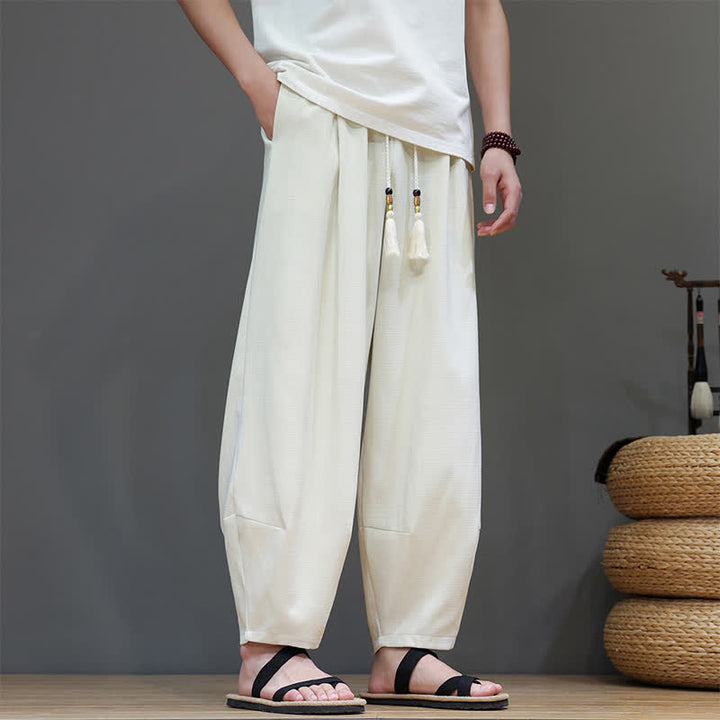Buddha Stones Pantaloni harem da uomo estivi in ​​tinta unita con coulisse e vita elasticizzata, con tasche. - Avorio - US/UK/AU46, EU56 (5XL) - image 10