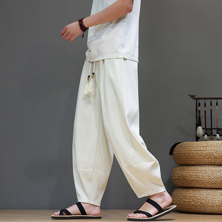 Buddha Stones Pantaloni harem da uomo estivi in ​​tinta unita con coulisse e vita elasticizzata, con tasche. - image 15