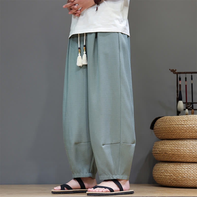 Buddha Stones Pantaloni harem da uomo estivi in ​​tinta unita con coulisse e vita elasticizzata, con tasche. - image 2