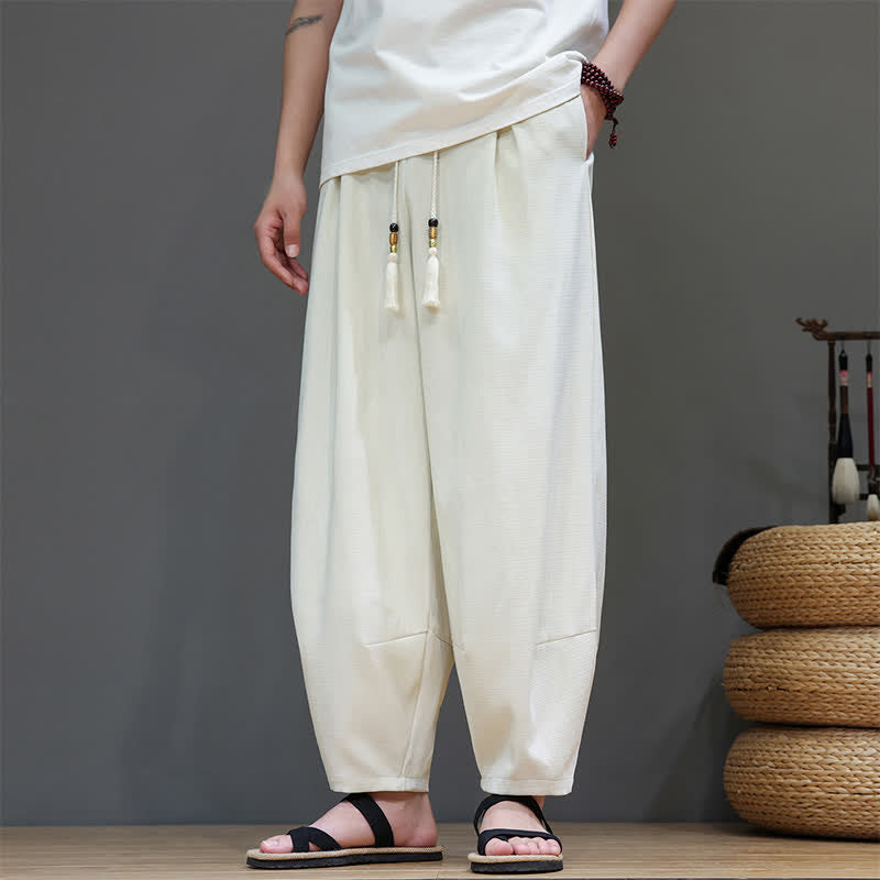 Buddha Stones Pantaloni harem da uomo estivi in ​​tinta unita con coulisse e vita elasticizzata, con tasche. - image 11