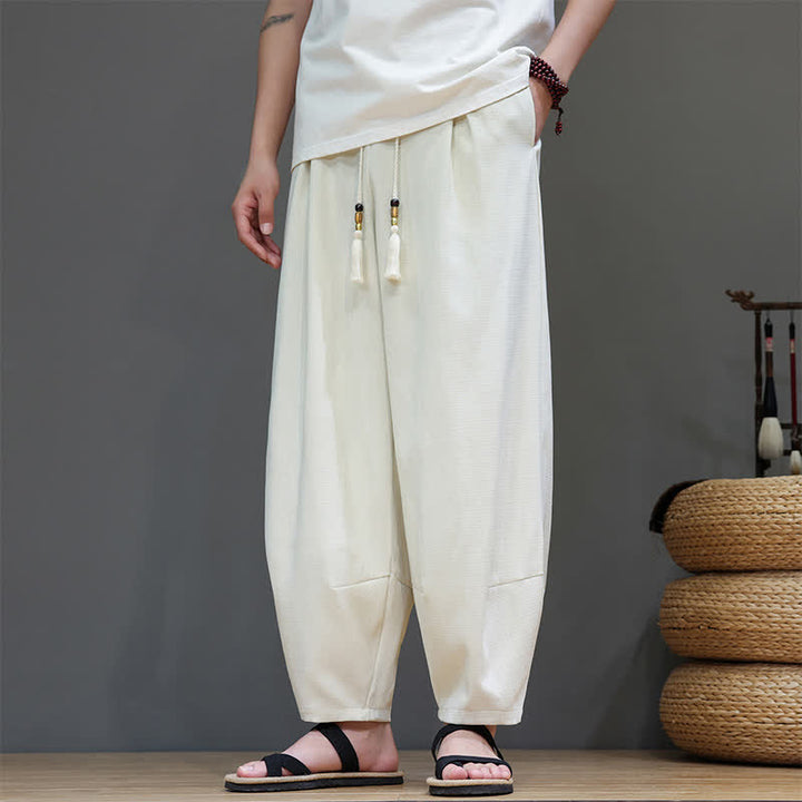 Buddha Stones Pantaloni harem da uomo estivi in ​​tinta unita con coulisse e vita elasticizzata, con tasche. - image 11