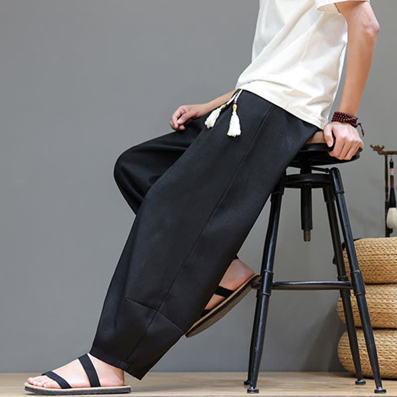 Buddha Stones Pantaloni harem da uomo estivi in ​​tinta unita con coulisse e vita elasticizzata, con tasche. - image 28