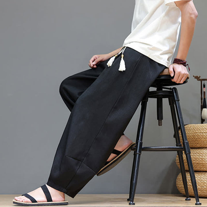 Buddha Stones Pantaloni harem da uomo estivi in ​​tinta unita con coulisse e vita elasticizzata, con tasche. - image 28