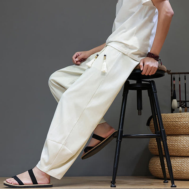 Buddha Stones Pantaloni harem da uomo estivi in ​​tinta unita con coulisse e vita elasticizzata, con tasche. - image 19