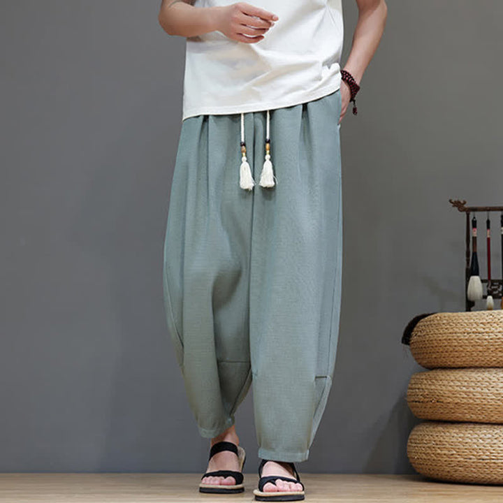 Buddha Stones Pantaloni harem da uomo estivi in ​​tinta unita con coulisse e vita elasticizzata, con tasche. - image 5