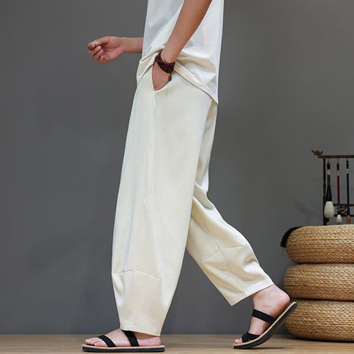 Buddha Stones Pantaloni harem da uomo estivi in ​​tinta unita con coulisse e vita elasticizzata, con tasche. - image 12