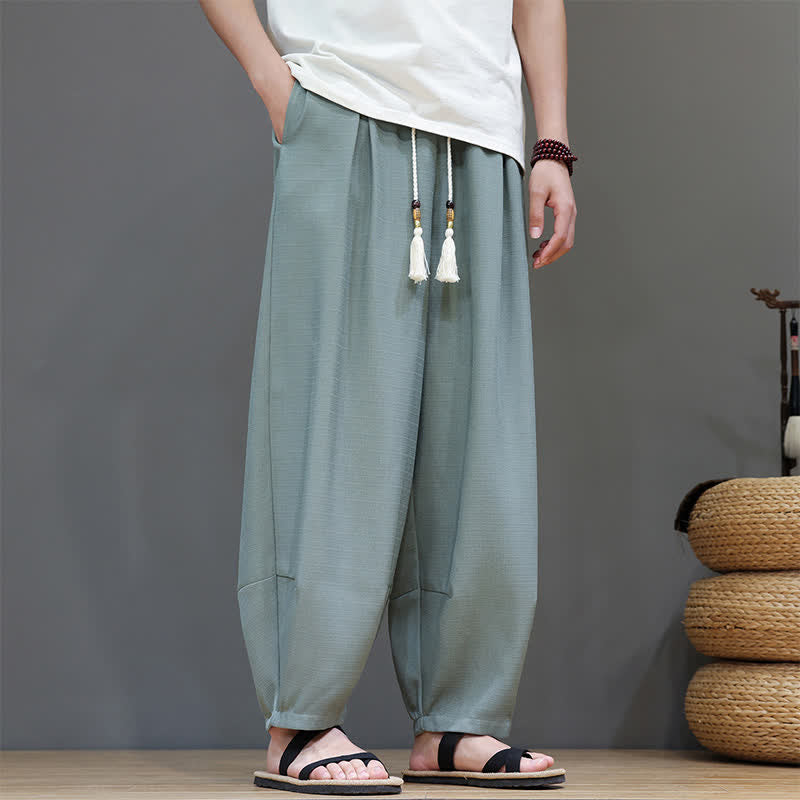 Buddha Stones Pantaloni harem da uomo estivi in ​​tinta unita con coulisse e vita elasticizzata, con tasche. - Cadetto Blu - US/UK/AU46, EU56 (5XL) - image 0