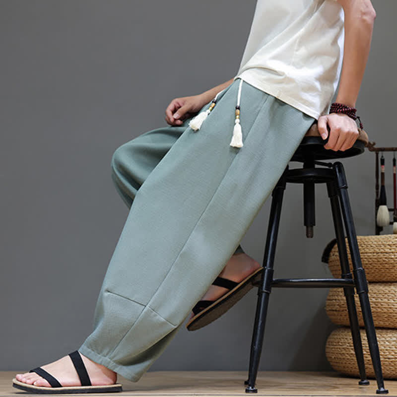 Buddha Stones Pantaloni harem da uomo estivi in ​​tinta unita con coulisse e vita elasticizzata, con tasche. - image 6