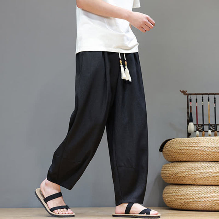 Buddha Stones Pantaloni harem da uomo estivi in ​​tinta unita con coulisse e vita elasticizzata, con tasche. - image 24