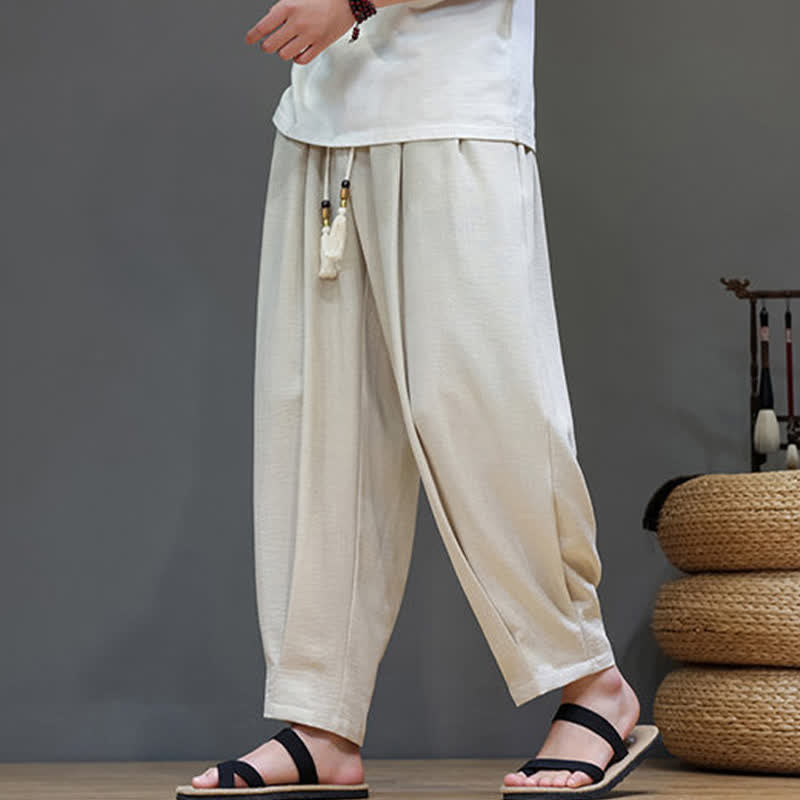 Buddha Stones Pantaloni estivi minimalisti da uomo a tinta unita con elastico in vita e gamba affusolata, con tasche. - image 3