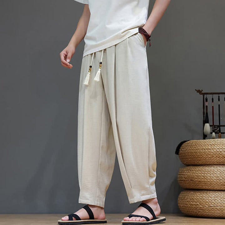 Buddha Stones Pantaloni estivi minimalisti da uomo a tinta unita con elastico in vita e gamba affusolata, con tasche. - Beige - US/UK/AU46, EU56 (5XL) - image 0