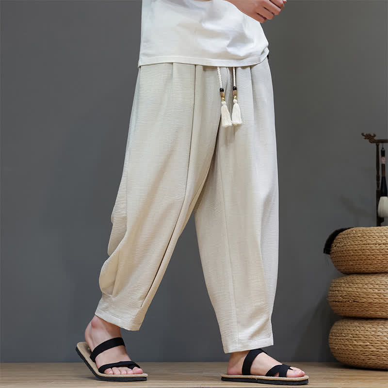 Buddha Stones Pantaloni estivi minimalisti da uomo a tinta unita con elastico in vita e gamba affusolata, con tasche. - image 6