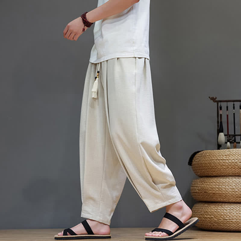 Buddha Stones Pantaloni estivi minimalisti da uomo a tinta unita con elastico in vita e gamba affusolata, con tasche. - image 1
