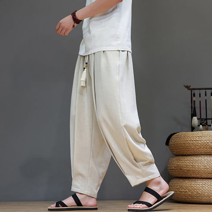 Buddha Stones Pantaloni estivi minimalisti da uomo a tinta unita con elastico in vita e gamba affusolata, con tasche. - image 1