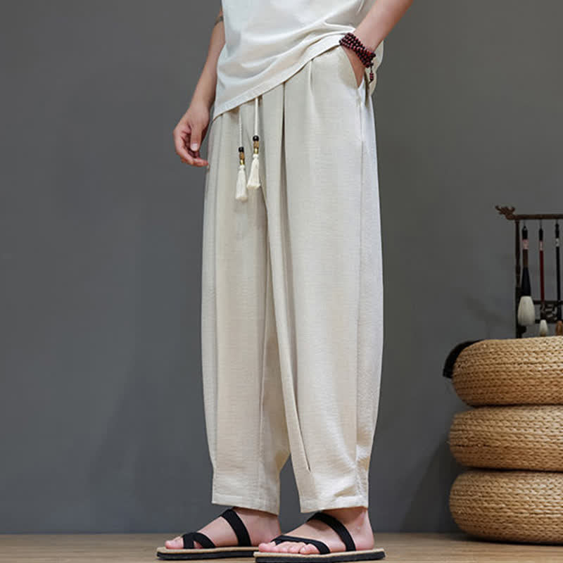 Buddha Stones Pantaloni estivi minimalisti da uomo a tinta unita con elastico in vita e gamba affusolata, con tasche. - image 5