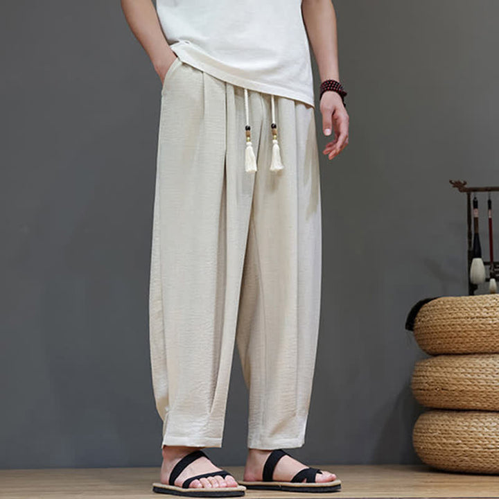 Buddha Stones Pantaloni estivi minimalisti da uomo a tinta unita con elastico in vita e gamba affusolata, con tasche. - image 4