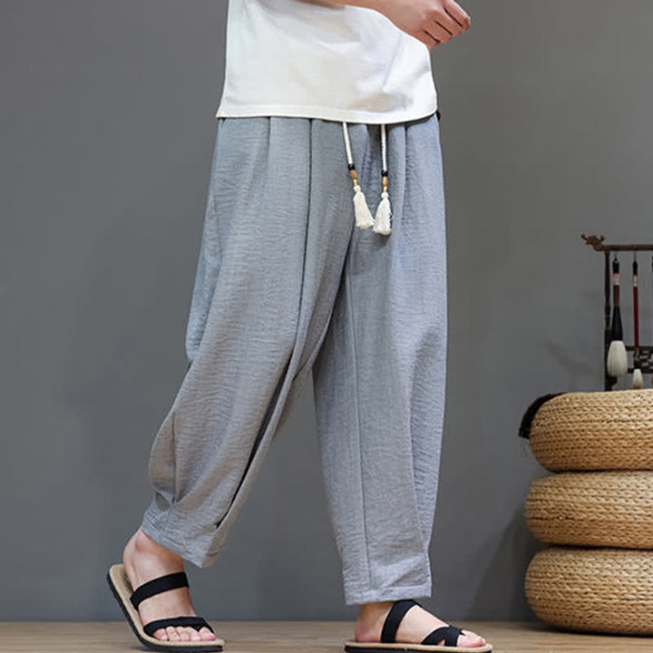 Buddha Stones Pantaloni estivi minimalisti da uomo a tinta unita con elastico in vita e gamba affusolata, con tasche. - image 15